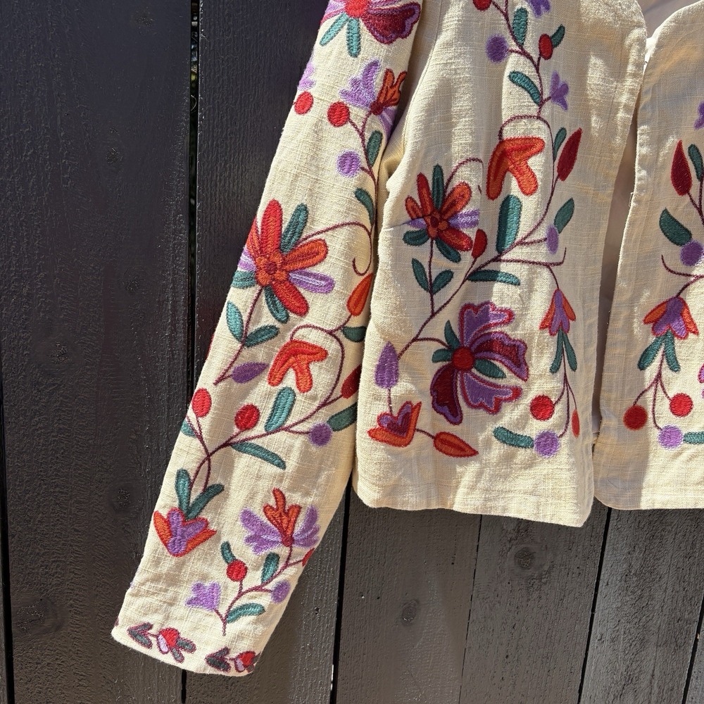 Anthropologie Dolan Boho Folk Art Embroidered Linen Blnd Jacket L Crop Floral - Picture 6 of 12